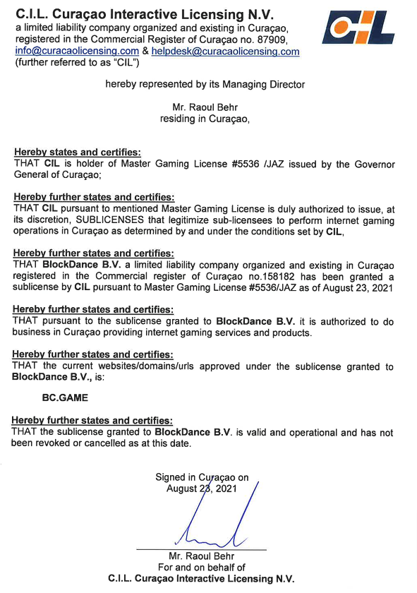 BC.Game Philippines license from C.I.L. Curacao Interactive Licensing N.V.